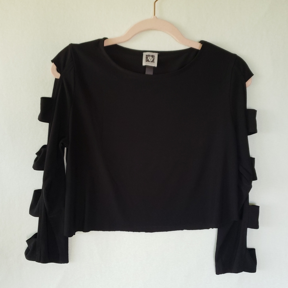 Anne Klein Cut Out Crop Top Long Sleeve Raw Edge Loose Fit